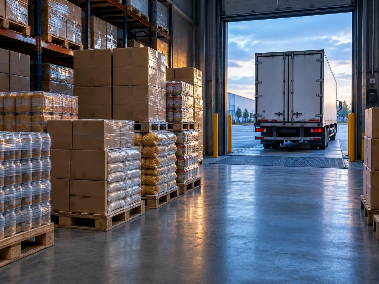 Packaged food pallets at a warehouse dock with a cargo truck waiting