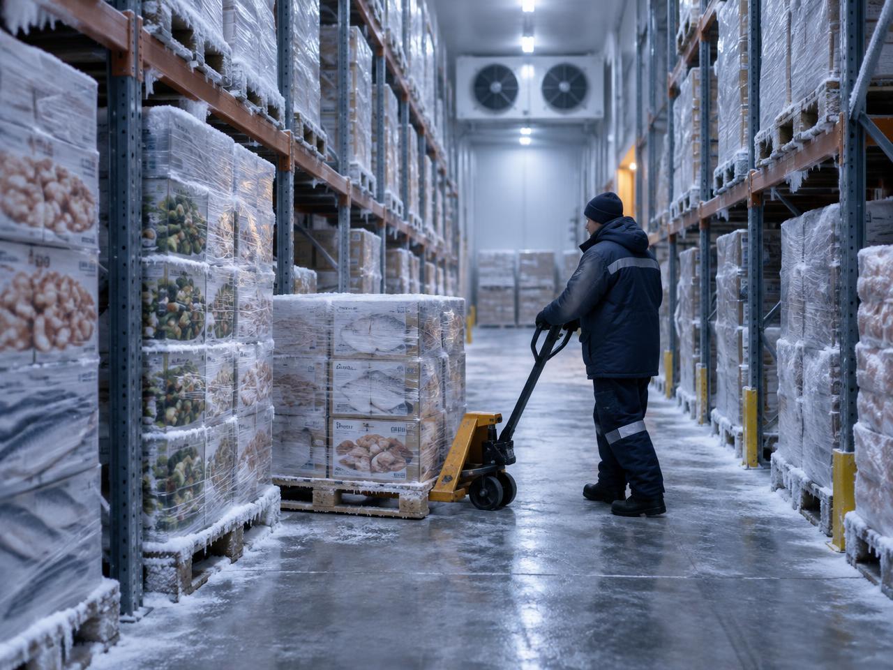 Pallets of frozen food cartons inside a cold storage warehouse
